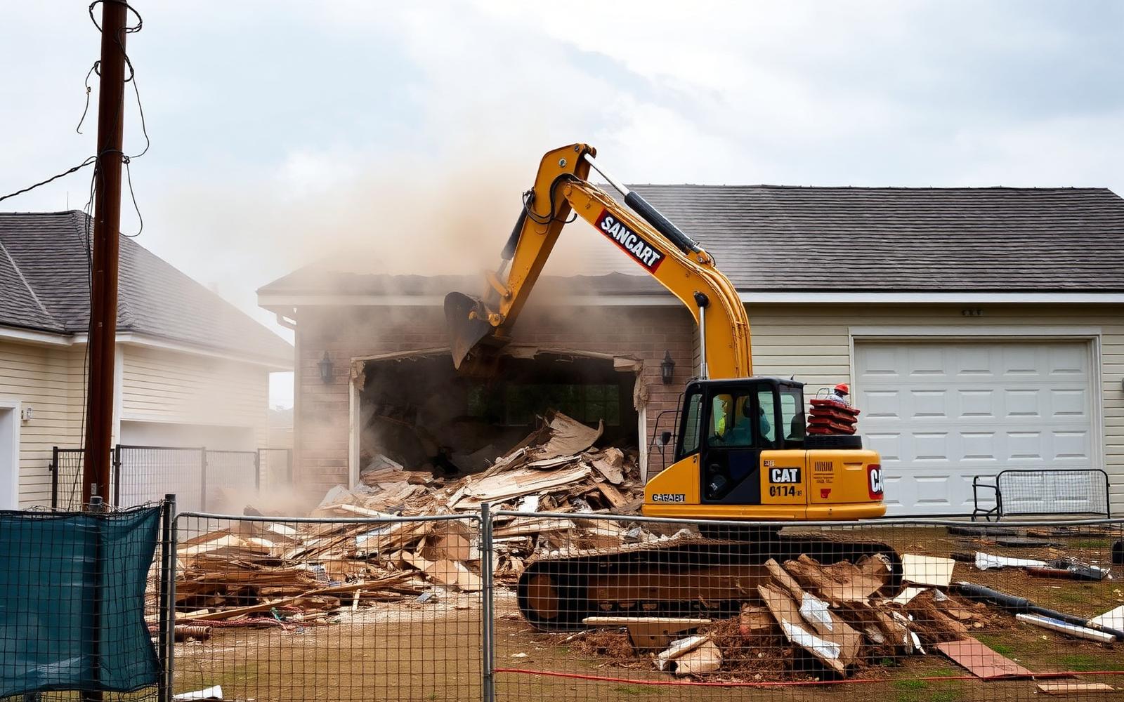 Excavator demolishing a residential garage